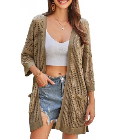 2024 Summer Lightweight Cardigans for Women Short Sleeve Crochet Casual Kimono Cardigans with Pockets Tan $12.47 Sweaters