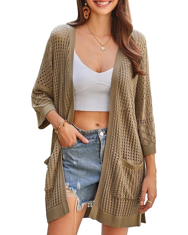 2024 Summer Lightweight Cardigans for Women Short Sleeve Crochet Casual Kimono Cardigans with Pockets Tan $12.47 Sweaters