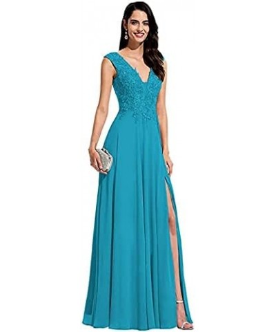 V Neck Bridesmaid Dresses for Women Lace Appliques A Line Chiffon Long Formal Gowns Dress with Slit Blue $36.96 Dresses