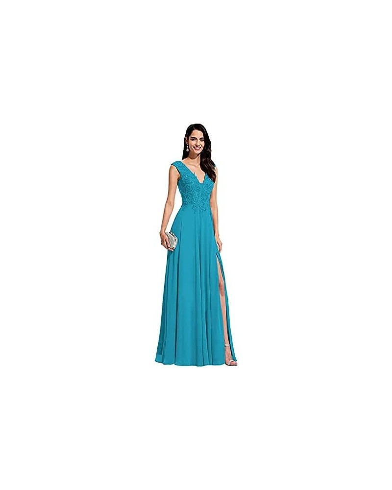 V Neck Bridesmaid Dresses for Women Lace Appliques A Line Chiffon Long Formal Gowns Dress with Slit Blue $36.96 Dresses