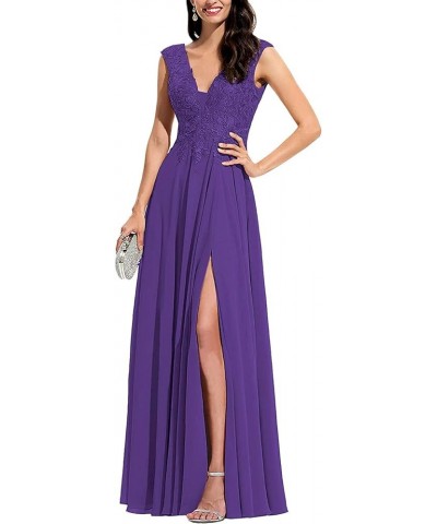 V Neck Bridesmaid Dresses for Women Lace Appliques A Line Chiffon Long Formal Gowns Dress with Slit Blue $36.96 Dresses