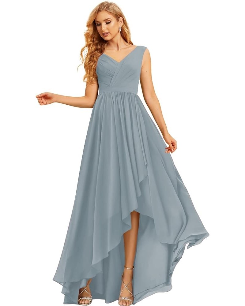 Women's High Low Bridesmaid Dresses Long Ruched Chiffon V Neck Formal Evening Party Dress with Pockets CM086 Dusty Blue $31.2...