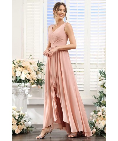 Women's High Low Bridesmaid Dresses Long Ruched Chiffon V Neck Formal Evening Party Dress with Pockets CM086 Dusty Blue $31.2...