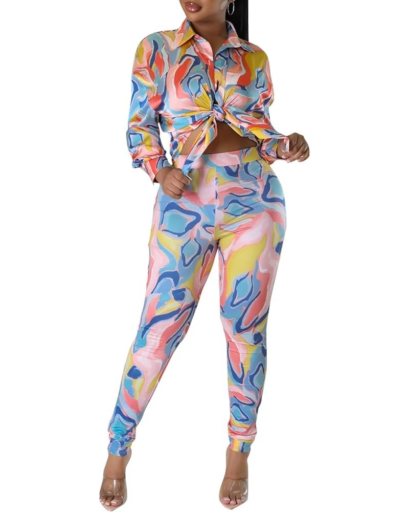 2 Piece Legging Pant Sets for Women Floral Print Long Sleeve Tracksuits Outfits Blue Pink-e $23.09 Activewear