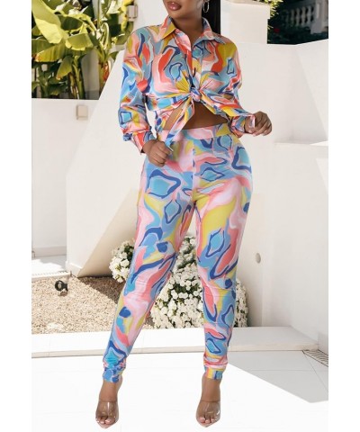 2 Piece Legging Pant Sets for Women Floral Print Long Sleeve Tracksuits Outfits Blue Pink-e $23.09 Activewear