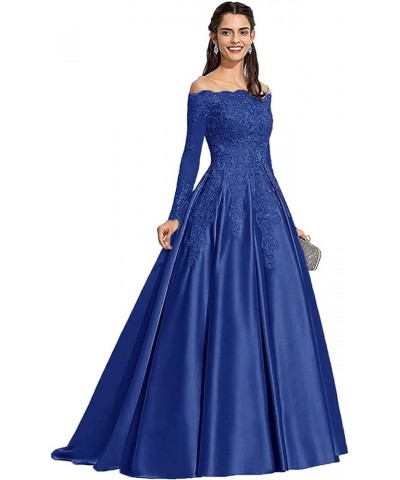 Women's Long Sleeve Off Shoulder Prom Dresses Long Satin Lace Wedding Dress Formal Party Dress Royal Blue $44.10 Others