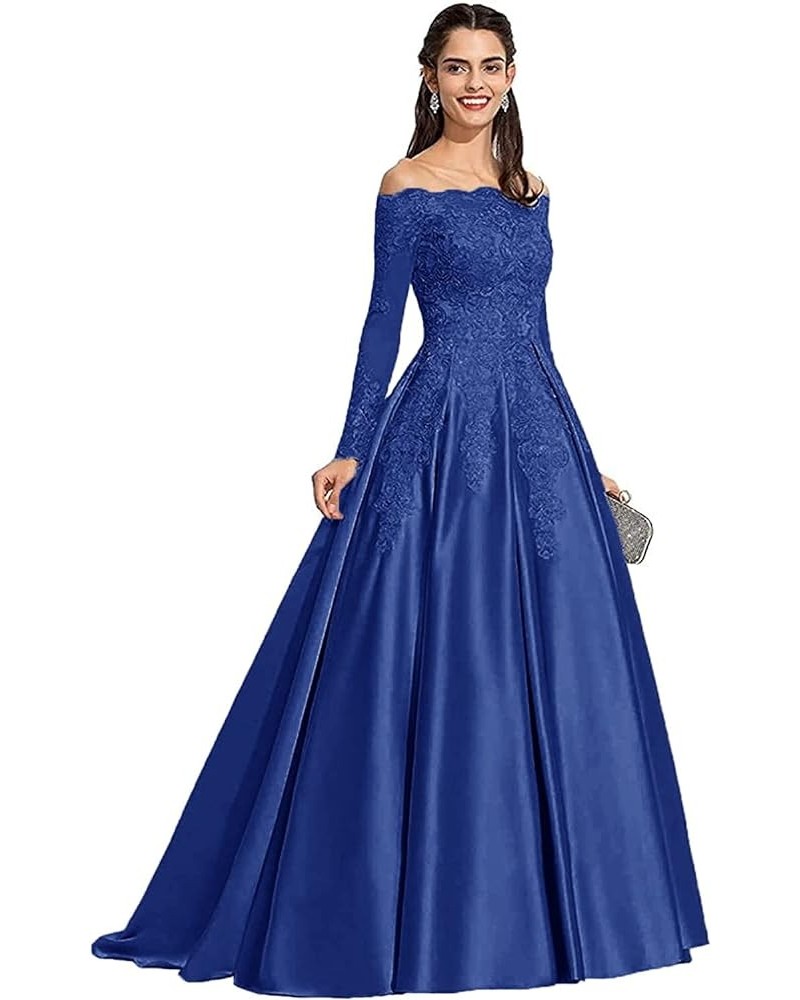 Women's Long Sleeve Off Shoulder Prom Dresses Long Satin Lace Wedding Dress Formal Party Dress Royal Blue $44.10 Others