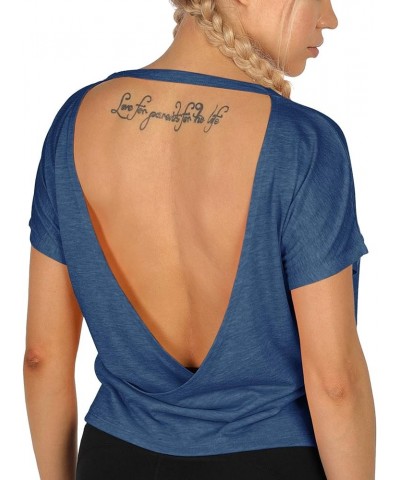 Open Back Workout T-Shirts for Women - Strappy Athletic Short-Sleeve Tees, Backless Yoga Tops, Gym Shirts Denim $9.68 Activewear