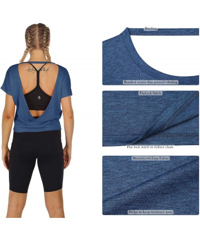 Open Back Workout T-Shirts for Women - Strappy Athletic Short-Sleeve Tees, Backless Yoga Tops, Gym Shirts Denim $9.68 Activewear