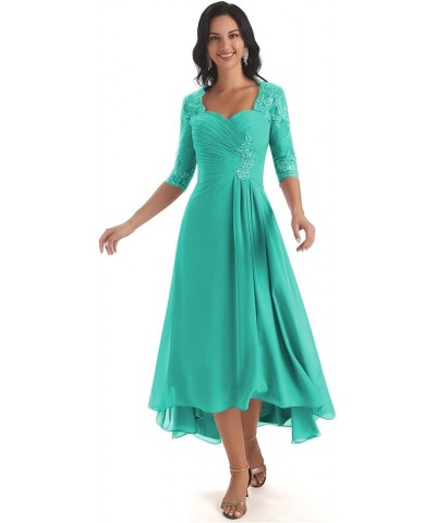 Chiffon Lace Mother of The Bride Dresses for Wedding Tea Length High Low Evening Gown with Sleeves Turquoise $43.70 Dresses