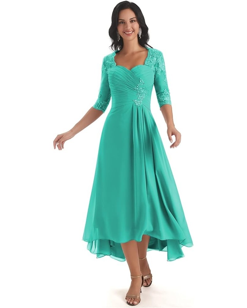 Chiffon Lace Mother of The Bride Dresses for Wedding Tea Length High Low Evening Gown with Sleeves Turquoise $43.70 Dresses