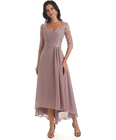 Chiffon Lace Mother of The Bride Dresses for Wedding Tea Length High Low Evening Gown with Sleeves Turquoise $43.70 Dresses