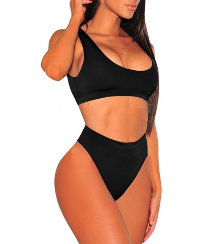 Women's Crop Top High Waisted Cheeky Bikini Set Two Piece Swimsuits 01 - Black $15.44 Swimsuits