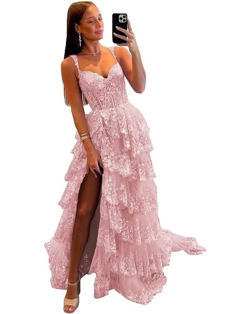 Lace Tulle Tiered Prom Dresses Long Slit Off The Shoulder Sparkly Formal Evening Gowns Dusty Rose $45.54 Dresses