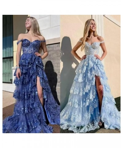 Lace Tulle Tiered Prom Dresses Long Slit Off The Shoulder Sparkly Formal Evening Gowns Dusty Rose $45.54 Dresses