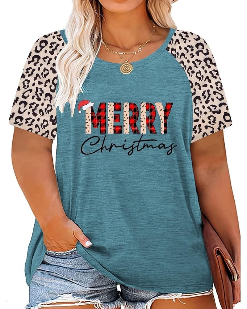 Plus Size Merry Christmas Shirts Women Leopard Print Striped Splicing Tops Short Sleeve Xmas Tees(2X-5X) Green2 $11.69 T-Shirts