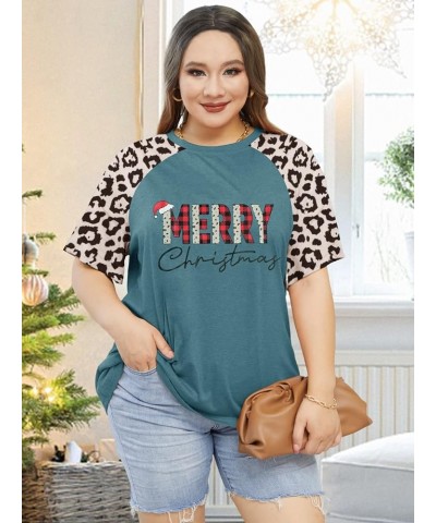 Plus Size Merry Christmas Shirts Women Leopard Print Striped Splicing Tops Short Sleeve Xmas Tees(2X-5X) Green2 $11.69 T-Shirts