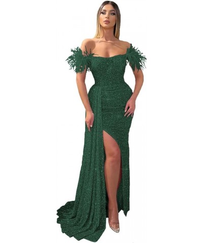 Sequin Mermaid Prom Dresses with Slit Off Shoulder Feather Formal Evening Dresses for Women Sparkly Party Dress CXL47 Green D...