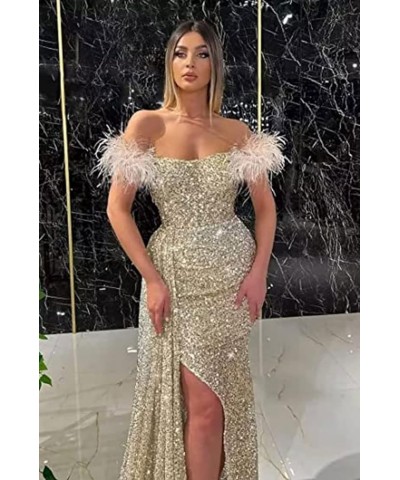 Sequin Mermaid Prom Dresses with Slit Off Shoulder Feather Formal Evening Dresses for Women Sparkly Party Dress CXL47 Green D...