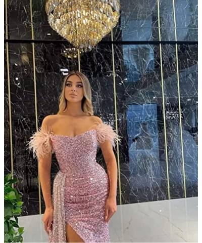 Sequin Mermaid Prom Dresses with Slit Off Shoulder Feather Formal Evening Dresses for Women Sparkly Party Dress CXL47 Green D...