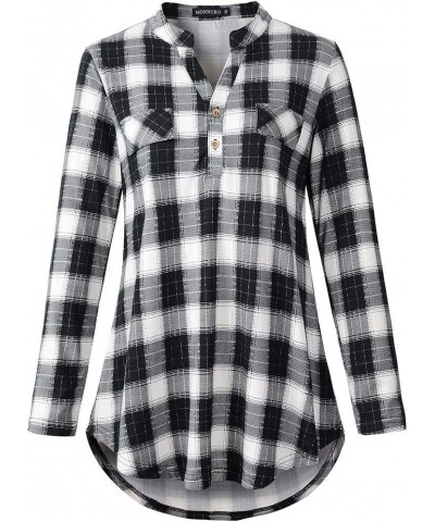 Womens Plaid Shirts Henley V Neck Casual Loose Long Sleeve Tunic Tops T-Shirt Blouses Bb Black02 $11.25 Tops