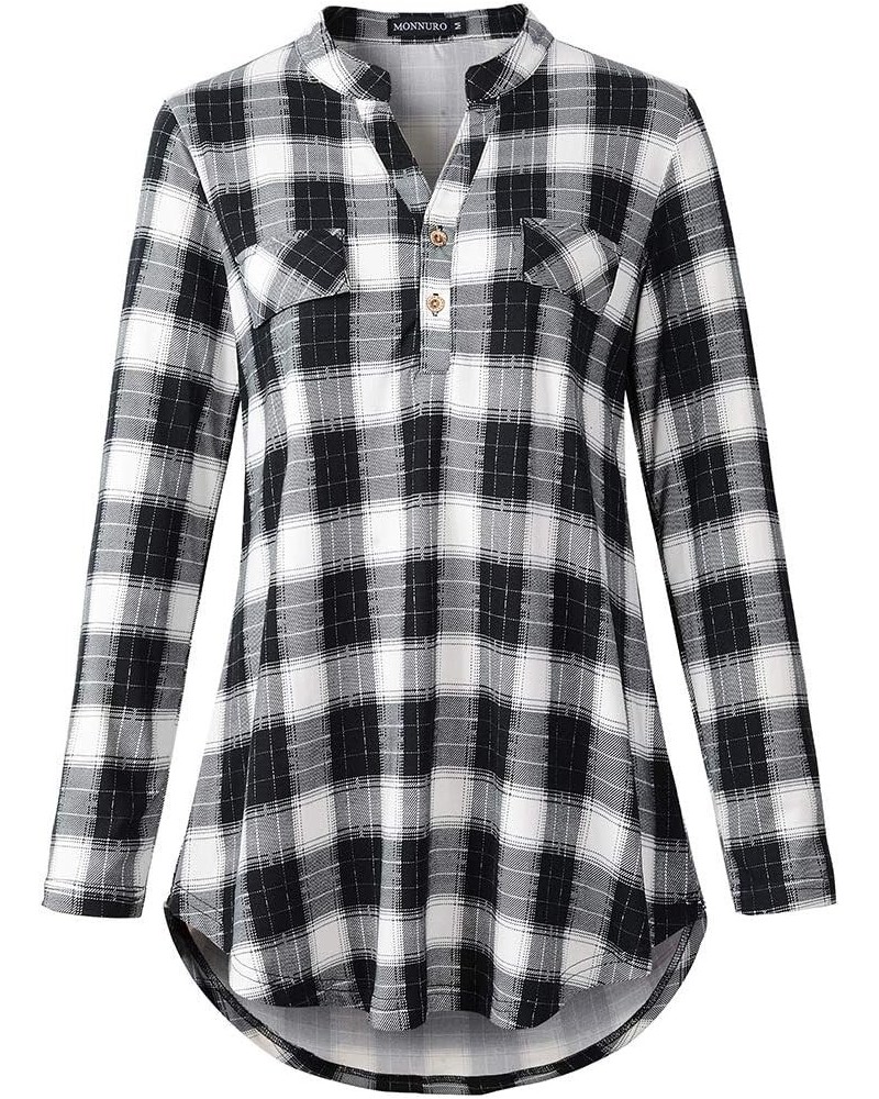 Womens Plaid Shirts Henley V Neck Casual Loose Long Sleeve Tunic Tops T-Shirt Blouses Bb Black02 $11.25 Tops