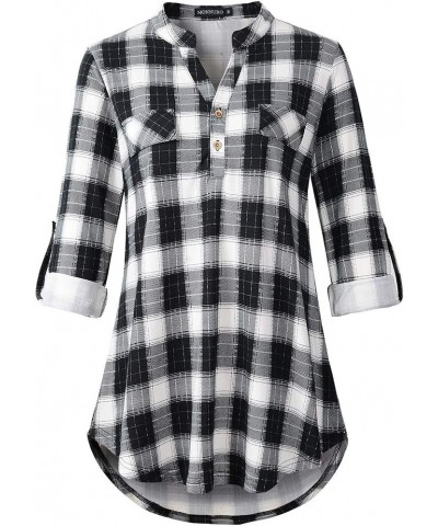 Womens Plaid Shirts Henley V Neck Casual Loose Long Sleeve Tunic Tops T-Shirt Blouses Bb Black02 $11.25 Tops