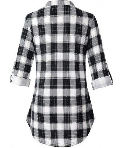 Womens Plaid Shirts Henley V Neck Casual Loose Long Sleeve Tunic Tops T-Shirt Blouses Bb Black02 $11.25 Tops