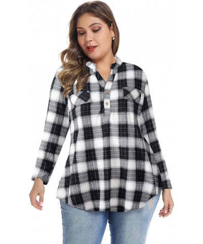 Womens Plaid Shirts Henley V Neck Casual Loose Long Sleeve Tunic Tops T-Shirt Blouses Bb Black02 $11.25 Tops