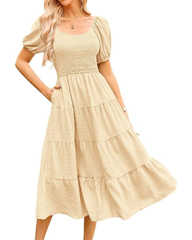 Women's Spring Dresses 2024 Puff Sleeve V Neck Swiss Dot High Waist Chiffon Dress Tiered Smocked Maxi Dresses Beige $21.14 Dr...