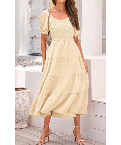 Women's Spring Dresses 2024 Puff Sleeve V Neck Swiss Dot High Waist Chiffon Dress Tiered Smocked Maxi Dresses Beige $21.14 Dr...