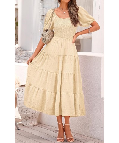 Women's Spring Dresses 2024 Puff Sleeve V Neck Swiss Dot High Waist Chiffon Dress Tiered Smocked Maxi Dresses Beige $21.14 Dr...