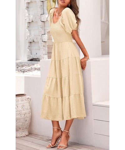 Women's Spring Dresses 2024 Puff Sleeve V Neck Swiss Dot High Waist Chiffon Dress Tiered Smocked Maxi Dresses Beige $21.14 Dr...