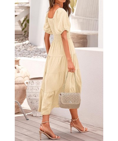 Women's Spring Dresses 2024 Puff Sleeve V Neck Swiss Dot High Waist Chiffon Dress Tiered Smocked Maxi Dresses Beige $21.14 Dr...