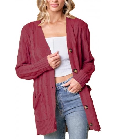 Women's Fall Casual Long Sleeve Button Down Open Front Cable Knit Coat Cardigan Sweater Basic Outwear Wine $25.91 Sweaters