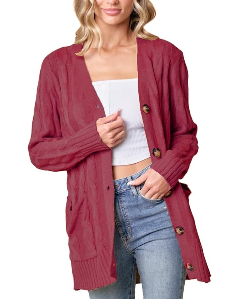 Women's Fall Casual Long Sleeve Button Down Open Front Cable Knit Coat Cardigan Sweater Basic Outwear Wine $25.91 Sweaters