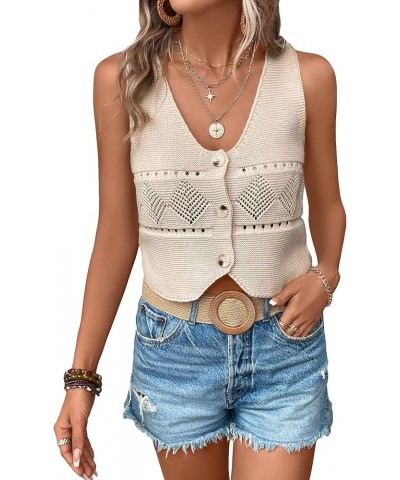 Women's Button Front V Neck Sleeveless Knitted Crop Sweater Vest Beige $14.40 Sweaters
