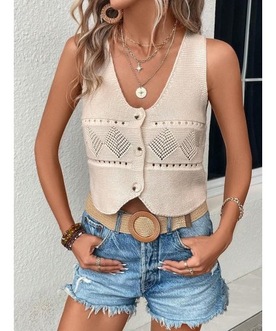 Women's Button Front V Neck Sleeveless Knitted Crop Sweater Vest Beige $14.40 Sweaters