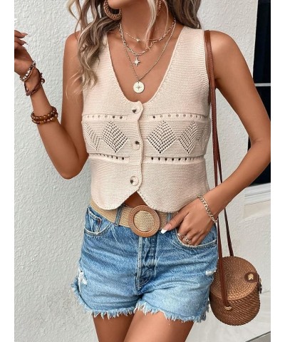 Women's Button Front V Neck Sleeveless Knitted Crop Sweater Vest Beige $14.40 Sweaters