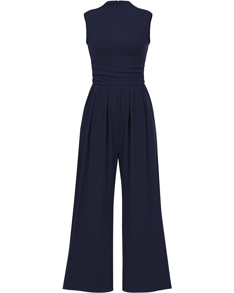 Womens Summer Jumpsuits Dressy Casual One Piece Outfits Sleeveless Mock Neck Wide Leg Pants Rompers with Pockets Navy $22.00 ...