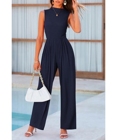 Womens Summer Jumpsuits Dressy Casual One Piece Outfits Sleeveless Mock Neck Wide Leg Pants Rompers with Pockets Navy $22.00 ...