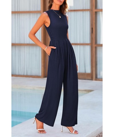 Womens Summer Jumpsuits Dressy Casual One Piece Outfits Sleeveless Mock Neck Wide Leg Pants Rompers with Pockets Navy $22.00 ...