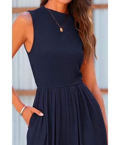 Womens Summer Jumpsuits Dressy Casual One Piece Outfits Sleeveless Mock Neck Wide Leg Pants Rompers with Pockets Navy $22.00 ...