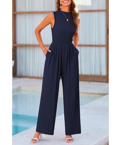 Womens Summer Jumpsuits Dressy Casual One Piece Outfits Sleeveless Mock Neck Wide Leg Pants Rompers with Pockets Navy $22.00 ...