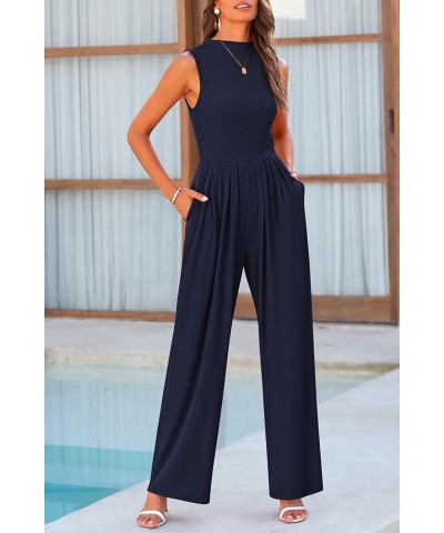 Womens Summer Jumpsuits Dressy Casual One Piece Outfits Sleeveless Mock Neck Wide Leg Pants Rompers with Pockets Navy $22.00 ...