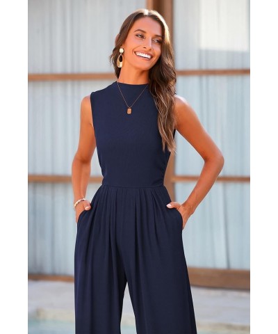 Womens Summer Jumpsuits Dressy Casual One Piece Outfits Sleeveless Mock Neck Wide Leg Pants Rompers with Pockets Navy $22.00 ...