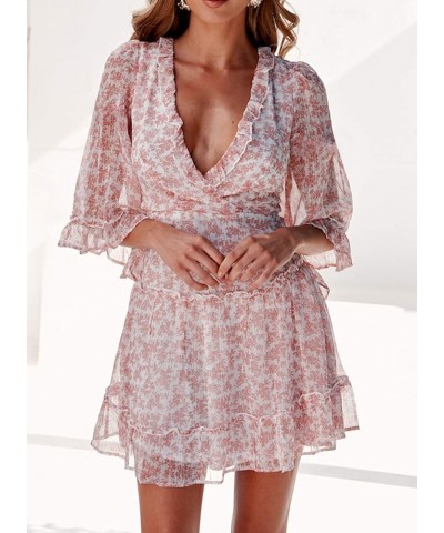 Womens 2023 Spring V Neck Ruffle Chiffon Elegant Mini Short Swing Skater Dresses B3 Pink $12.69 Dresses