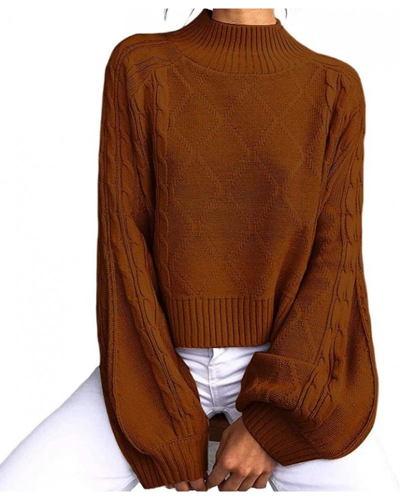 Women's Mock Turtleneck Lantern Sleeve Cable Knit Pullover Sweater Tops Coffee $16.28 Sweaters