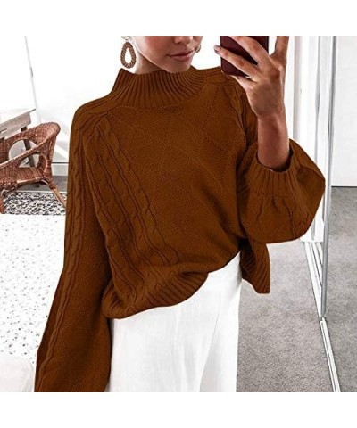 Women's Mock Turtleneck Lantern Sleeve Cable Knit Pullover Sweater Tops Coffee $16.28 Sweaters