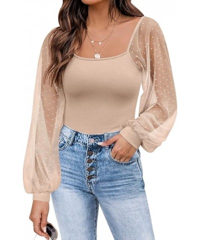 Mesh Long Sleeve Shirts Ribbed Casual Slim Fit Blouses Tops Apricot $17.09 Blouses